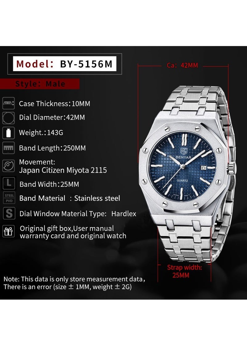 BENYAR - Watches for Men Watch Luxury Stainless Steel Quartz Water Resistant Watch 5156SIBU - Image 1
