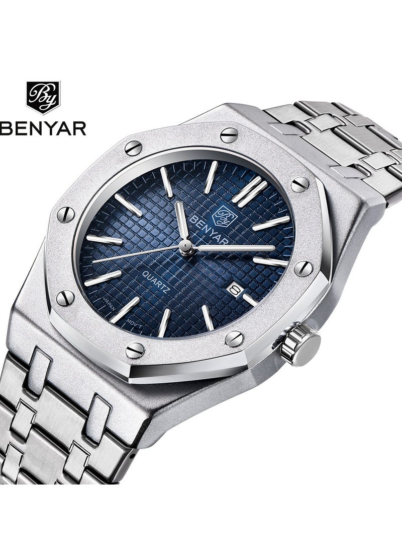 BENYAR Watches for Men Watch Luxury Stainless Steel Quartz Water Resistant Watch 5156SIBU  - Image 2