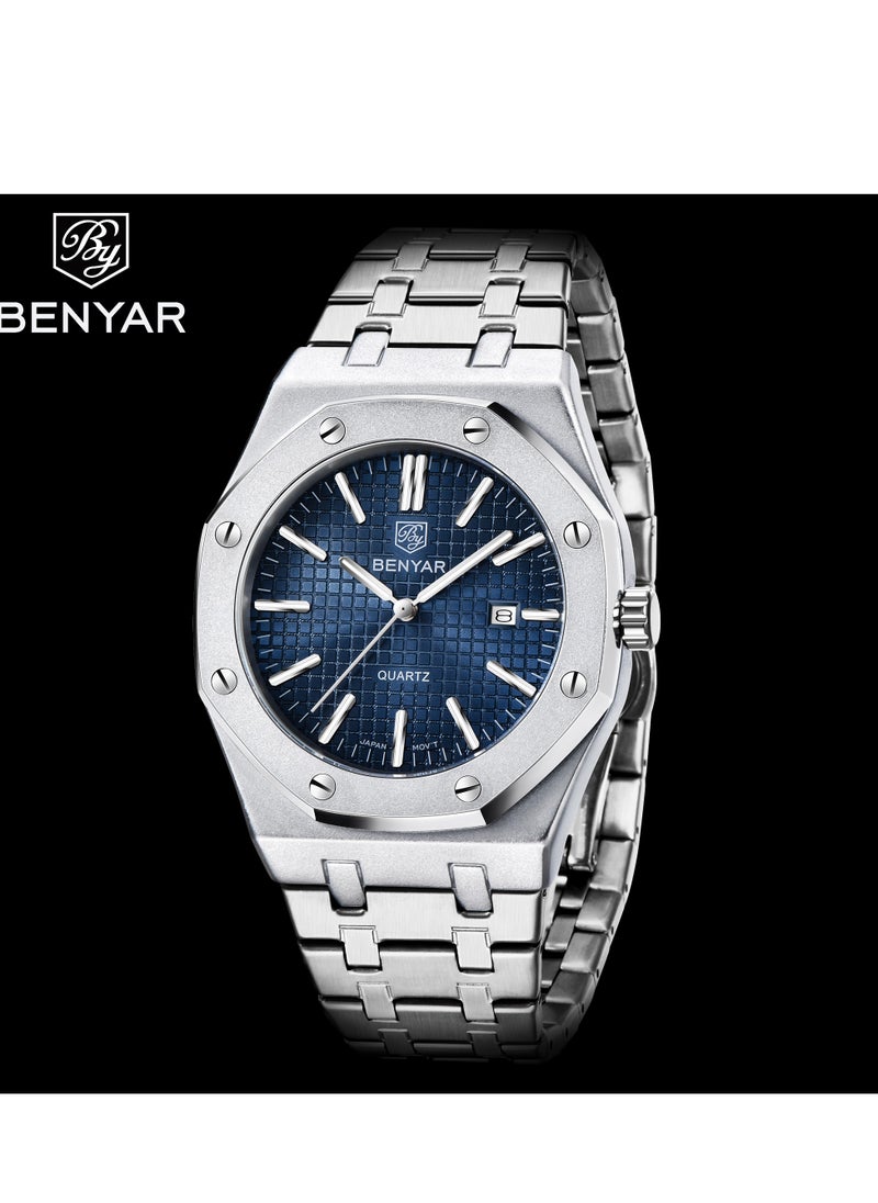 BENYAR Watches for Men Watch Luxury Stainless Steel Quartz Water Resistant Watch 5156SIBU  - Image 3