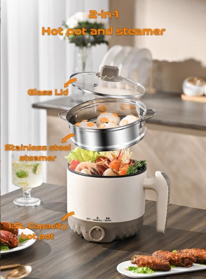 MITOYO 600W Electric Hot Pot With Stainless Steel Steamer - 1.5L Non-stick Inner Pot - Multifunctional Portable Mini Pot - Electric Skillet - Suitable for Cooking Porridge, Soup, Rice, Grilling Steak, Steaming Meat, Making Bread - Image 2