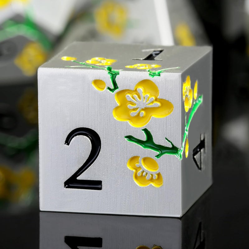 DNDND Silver Metal DND Dice, 7 PCS Heavy Flower Metallic D&D Dice Set with Gorgeous Gift Case for Dungeons and Dragon Tabletop Game (Matte Silver with Yellow Flower) - Image 1