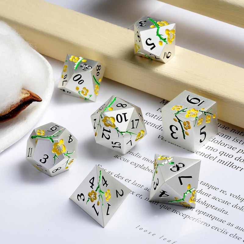 DNDND Silver Metal DND Dice, 7 PCS Heavy Flower Metallic D&D Dice Set with Gorgeous Gift Case for Dungeons and Dragon Tabletop Game (Matte Silver with Yellow Flower) - Image 3