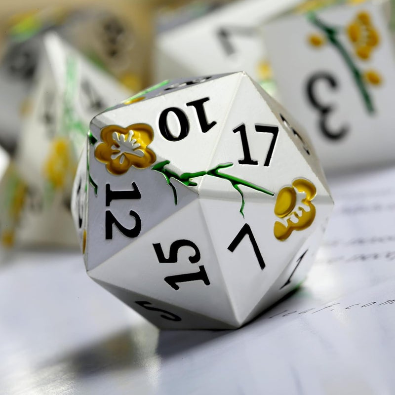 DNDND Silver Metal DND Dice, 7 PCS Heavy Flower Metallic D&D Dice Set with Gorgeous Gift Case for Dungeons and Dragon Tabletop Game (Matte Silver with Yellow Flower) - Image 2