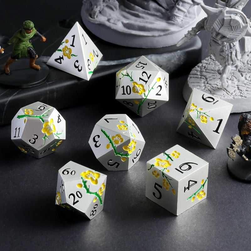 DNDND Silver Metal DND Dice, 7 PCS Heavy Flower Metallic D&D Dice Set with Gorgeous Gift Case for Dungeons and Dragon Tabletop Game (Matte Silver with Yellow Flower) - Image 5