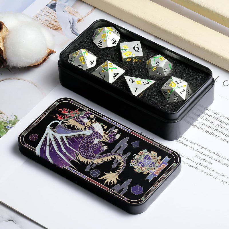 DNDND Silver Metal DND Dice, 7 PCS Heavy Flower Metallic D&D Dice Set with Gorgeous Gift Case for Dungeons and Dragon Tabletop Game (Matte Silver with Yellow Flower) - Image 4