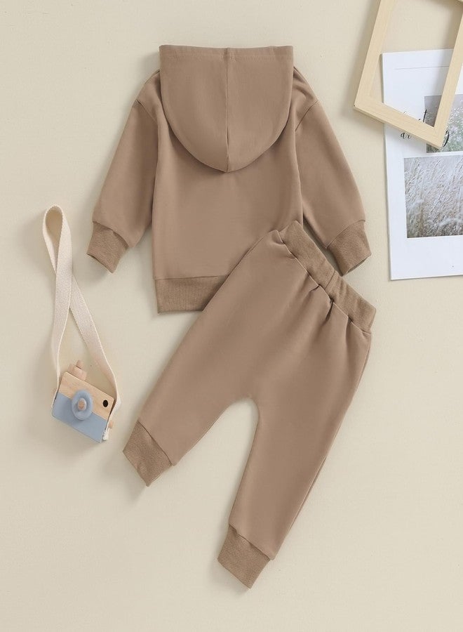 Lukivech Toddler Baby Boy Girl Clothes Solid Color Hoodie Sweatshirt Top and Jogger Pants Set 2 Piece Fall Winter Outfits (Coffee, 2-3 Years) - Image 3