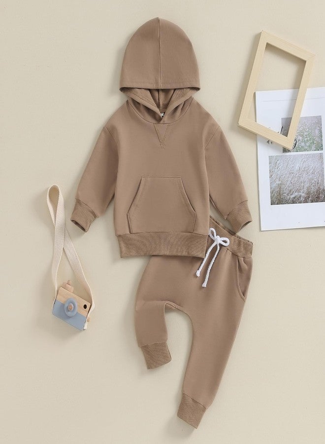 Lukivech Toddler Baby Boy Girl Clothes Solid Color Hoodie Sweatshirt Top and Jogger Pants Set 2 Piece Fall Winter Outfits (Coffee, 2-3 Years) - Image 2