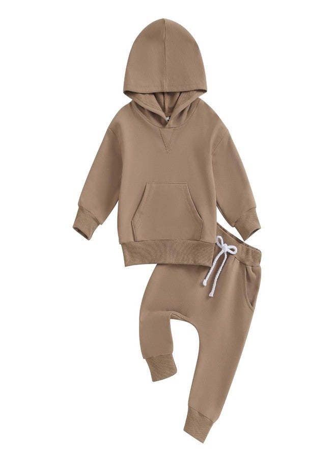 Lukivech Toddler Baby Boy Girl Clothes Solid Color Hoodie Sweatshirt Top and Jogger Pants Set 2 Piece Fall Winter Outfits (Coffee, 2-3 Years) - Image 1