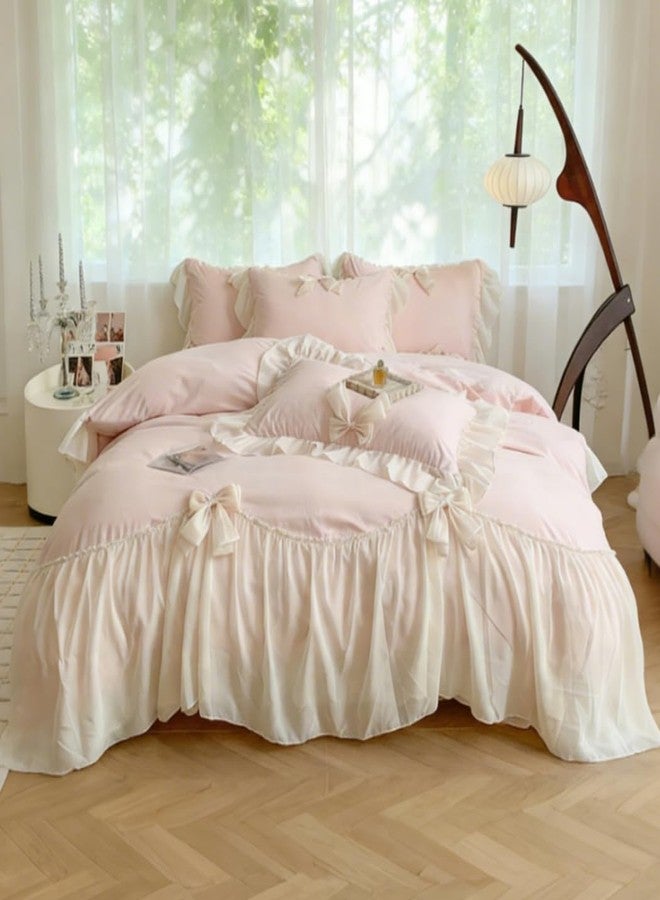 IHOUSTRIY Duvet Cover Queen Size, Ruffle Beddding Set with Bowtie, 3 Pieces Comforter Cover Set with Zipper Closure, Girl Princess Bedding with Pillowcase - Light Pink, Queen - Image 2