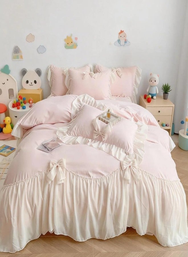 IHOUSTRIY Duvet Cover Queen Size, Ruffle Beddding Set with Bowtie, 3 Pieces Comforter Cover Set with Zipper Closure, Girl Princess Bedding with Pillowcase - Light Pink, Queen - Image 1
