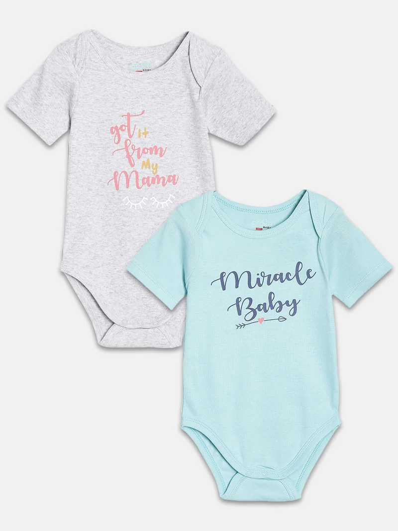 Broon Broon Infant Girls Grey and Light Green Printed Pure Organic Cotton Bodysuit Pack of 2