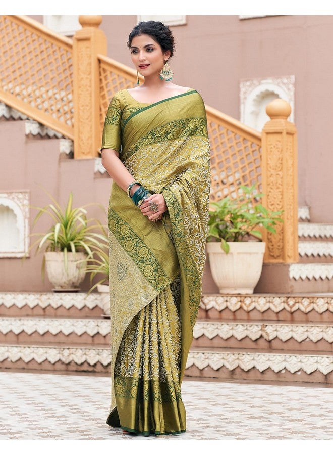 SIRIL ساري سيريلي للنساء من حرير باناراسي حرير نقي ساري كانجيفارام مع قطعة بلوزة غير مخيطة (3927S451_أخضر وبيج) - Image 4