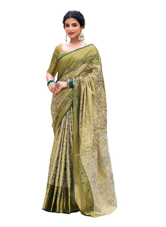 SIRIL ساري سيريلي للنساء من حرير باناراسي حرير نقي ساري كانجيفارام مع قطعة بلوزة غير مخيطة (3927S451_أخضر وبيج) - Image 1