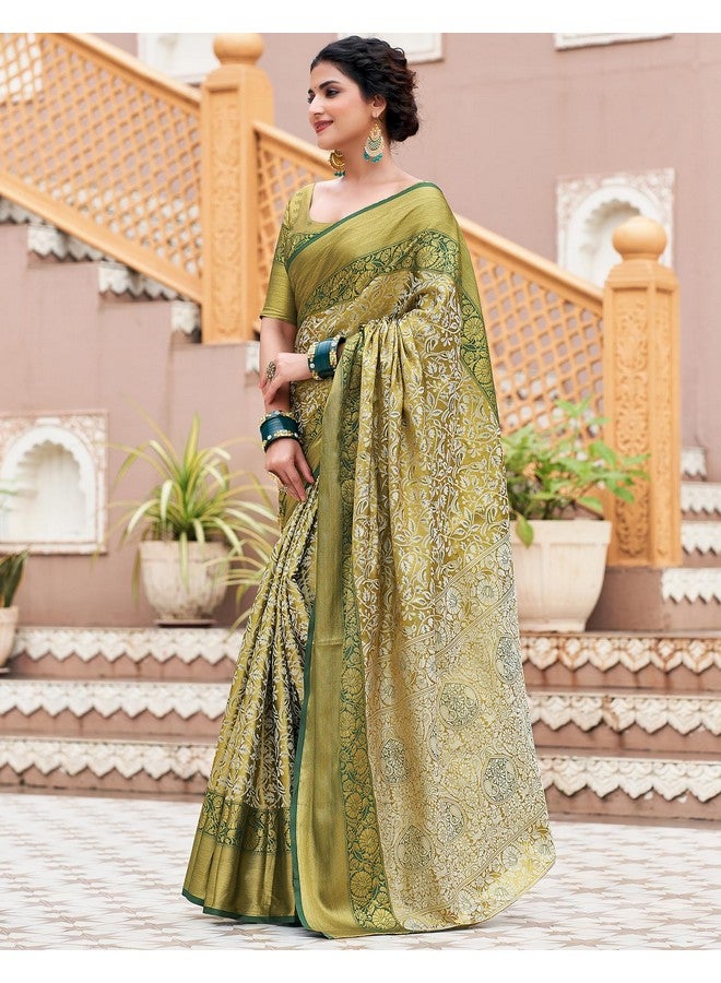 SIRIL ساري سيريلي للنساء من حرير باناراسي حرير نقي ساري كانجيفارام مع قطعة بلوزة غير مخيطة (3927S451_أخضر وبيج) - Image 2