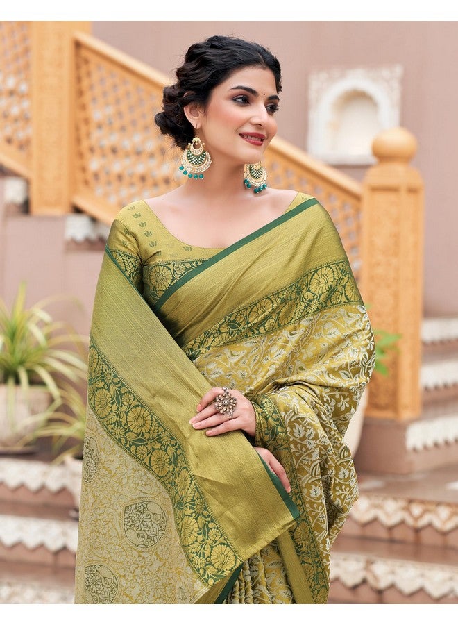 SIRIL ساري سيريلي للنساء من حرير باناراسي حرير نقي ساري كانجيفارام مع قطعة بلوزة غير مخيطة (3927S451_أخضر وبيج) - Image 5