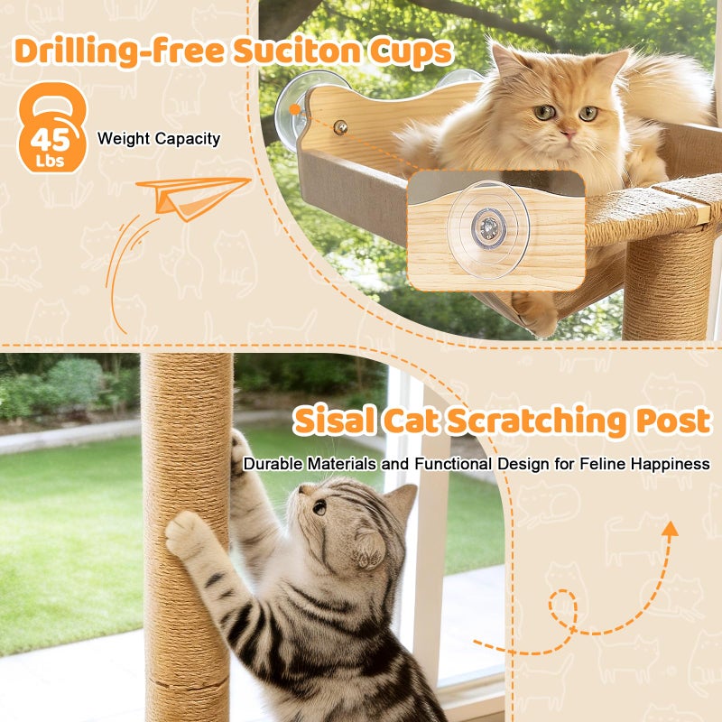Famifit 46" Cat Window Perch with 3 Adjustable Sisal Scratching Posts, Drill-Free Suction Cups, Multi-Level Climbing Perch for Bird Watching & Play, 45 lbs Capacity - Image 4