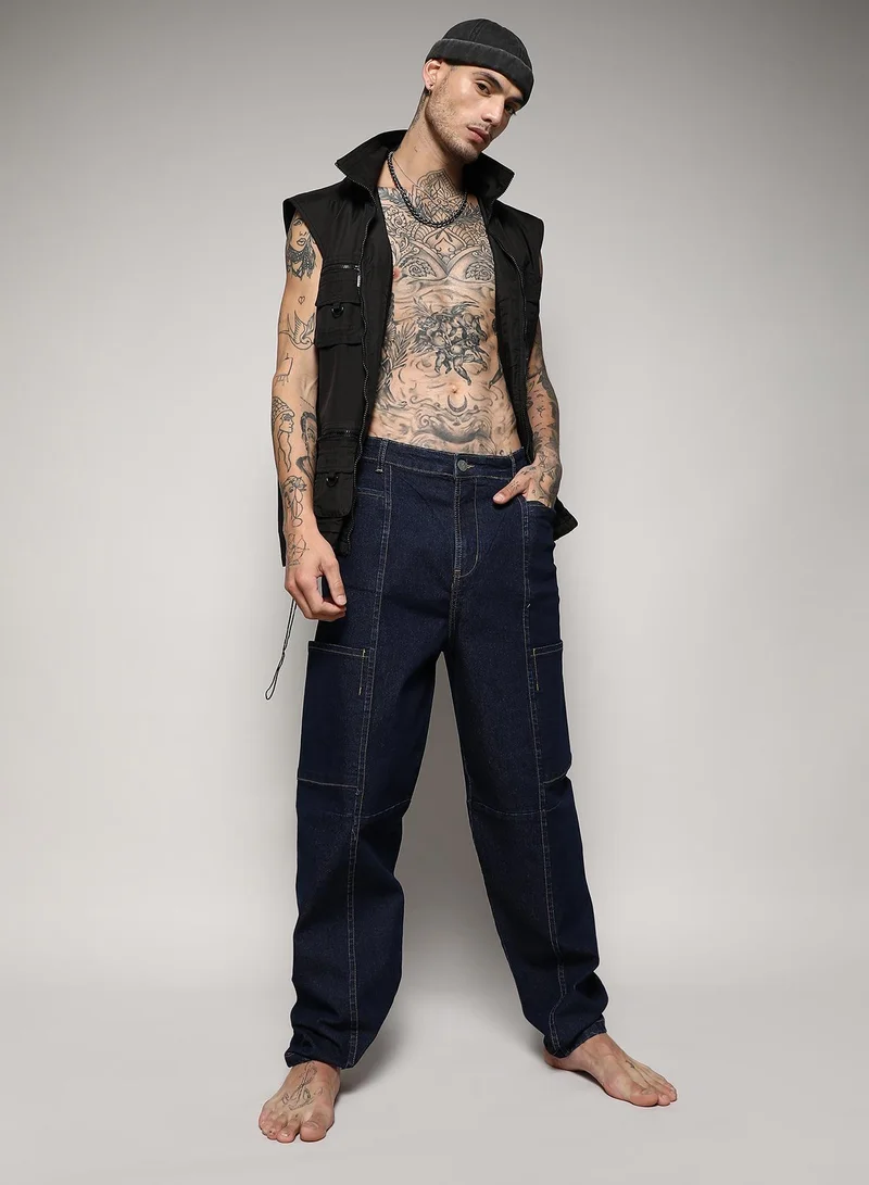Campus Sutra  Men's Navy Blue Baggy Cargo Denim Jeans for Men | Best Price UAE