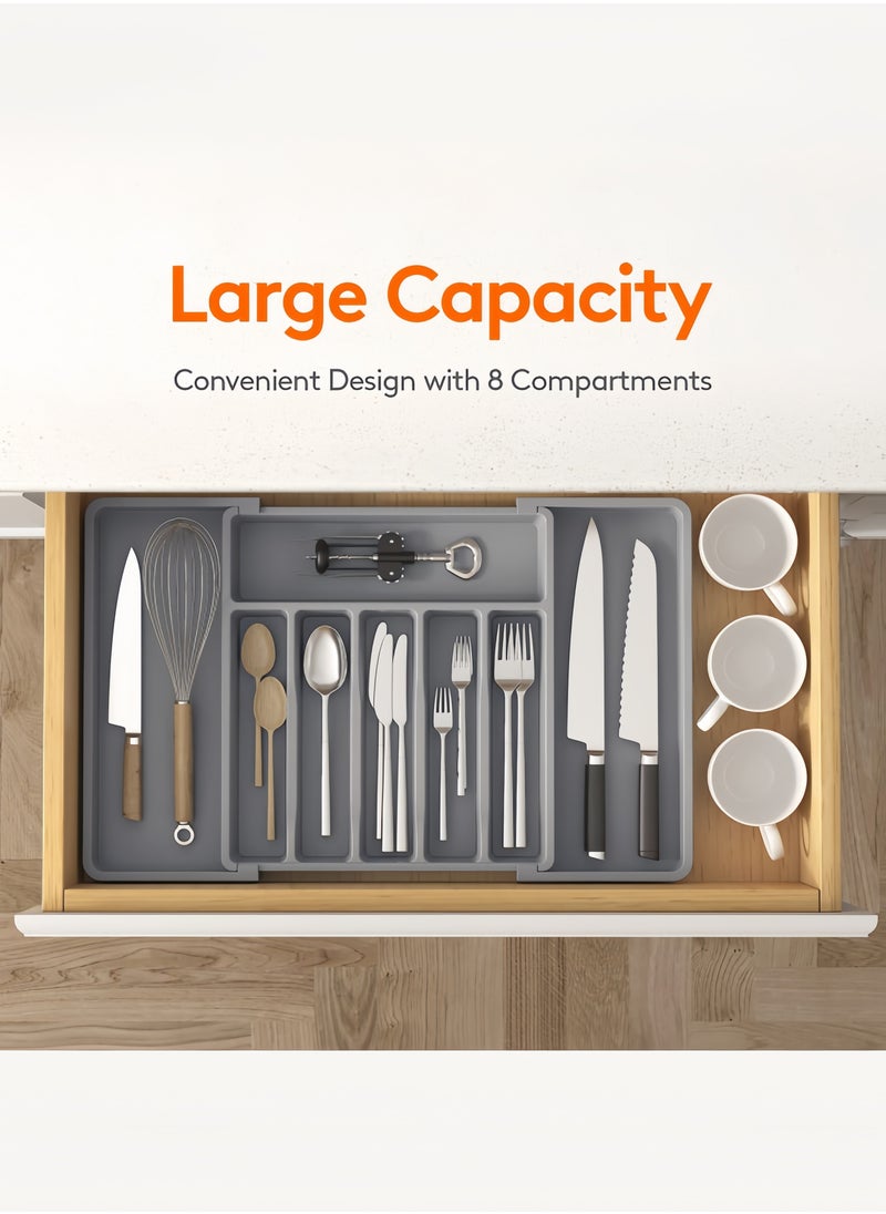 nihao Silverware Drawer Organizer, Expandable Utensil Tray for Kitchen, BPA Free Flatware and Cutlery Holder, Adjustable Plastic Storage for Spoons Forks Knives, Large,Stretch Out The Cutlery The Stowed Box Can Be Retracted Into Shape, Grey,33-57*38*5 CM  - Image 2