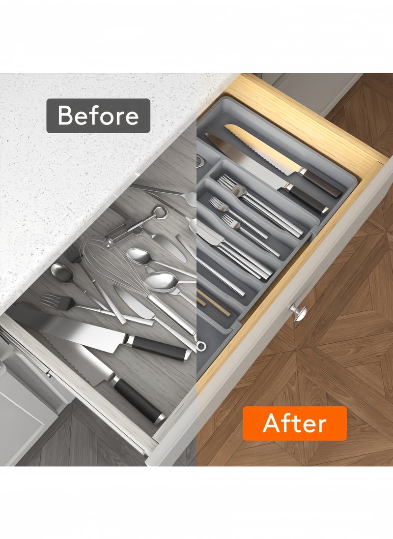 nihao - Silverware Drawer Organizer, Expandable Utensil Tray for Kitchen, BPA Free Flatware and Cutlery Holder, Adjustable Plastic Storage for Spoons Forks Knives, Large,Stretch Out The Cutlery The Stowed Box Can Be Retracted Into Shape, Grey,33-57*38*5 CM - Image 1