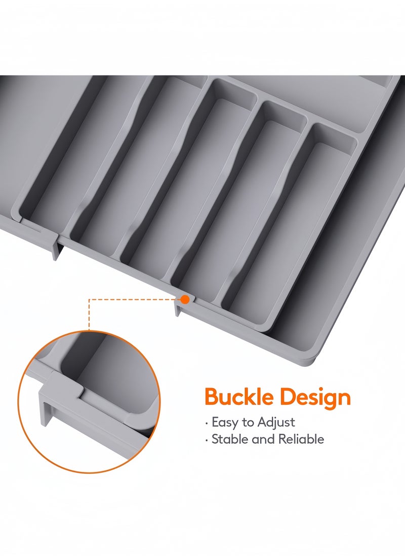 nihao - Silverware Drawer Organizer, Expandable Utensil Tray for Kitchen, BPA Free Flatware and Cutlery Holder, Adjustable Plastic Storage for Spoons Forks Knives, Large,Stretch Out The Cutlery The Stowed Box Can Be Retracted Into Shape, Grey,33-57*38*5 CM - Image 1