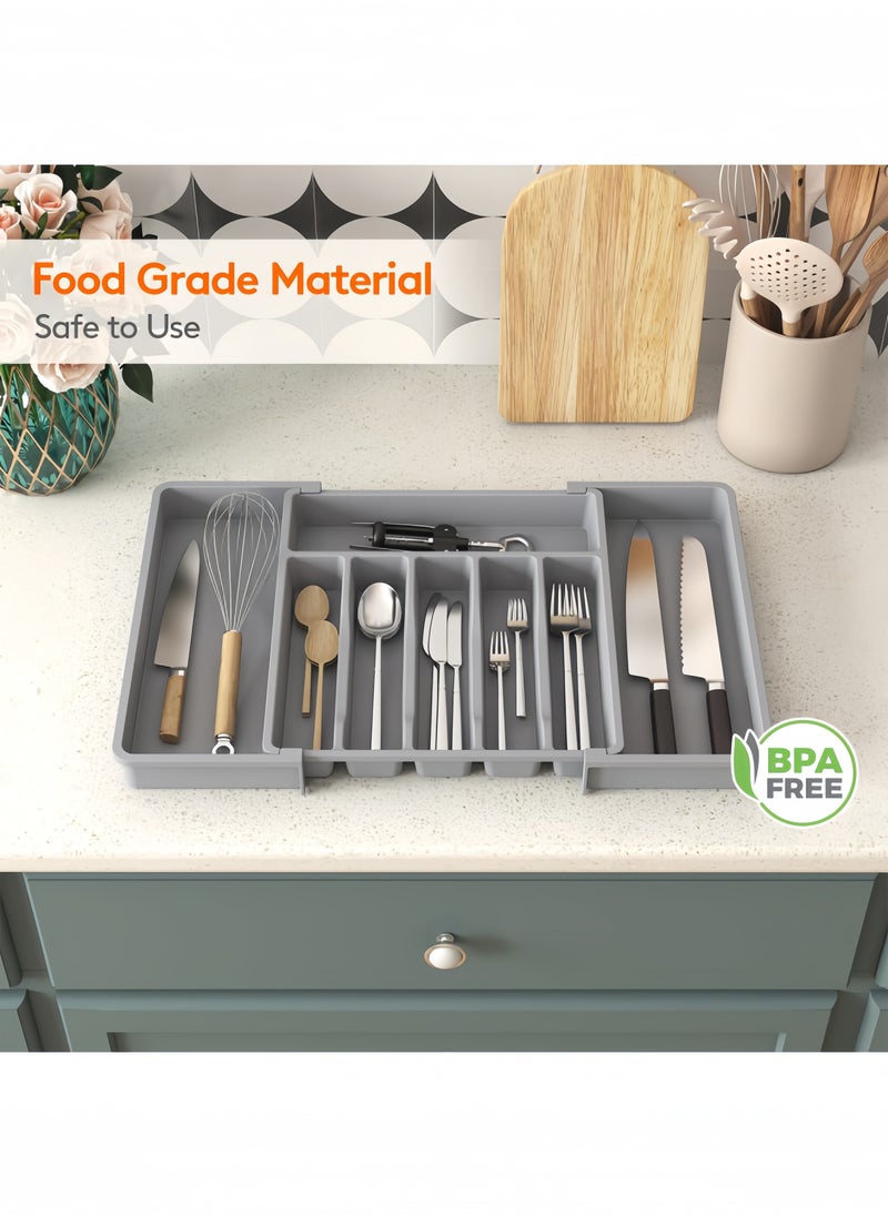 nihao - Silverware Drawer Organizer, Expandable Utensil Tray for Kitchen, BPA Free Flatware and Cutlery Holder, Adjustable Plastic Storage for Spoons Forks Knives, Large,Stretch Out The Cutlery The Stowed Box Can Be Retracted Into Shape, Grey,33-57*38*5 CM - Image 1