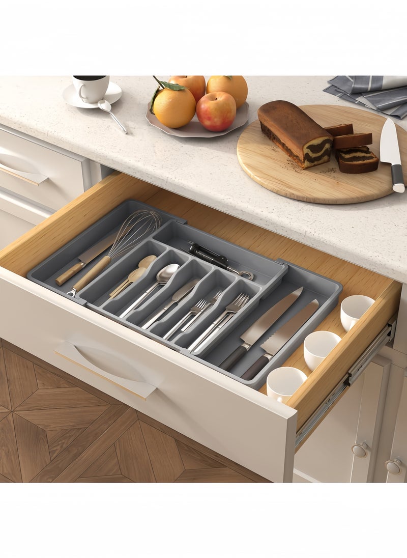 nihao - Silverware Drawer Organizer, Expandable Utensil Tray for Kitchen, BPA Free Flatware and Cutlery Holder, Adjustable Plastic Storage for Spoons Forks Knives, Large,Stretch Out The Cutlery The Stowed Box Can Be Retracted Into Shape, Grey,33-57*38*5 CM - Image 1