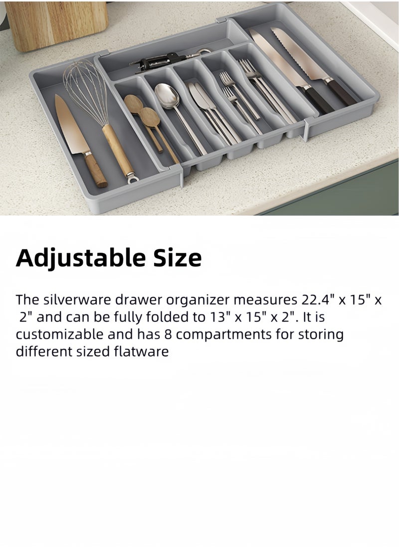 nihao - Silverware Drawer Organizer, Expandable Utensil Tray for Kitchen, BPA Free Flatware and Cutlery Holder, Adjustable Plastic Storage for Spoons Forks Knives, Large,Stretch Out The Cutlery The Stowed Box Can Be Retracted Into Shape, Grey,33-57*38*5 CM - Image 1