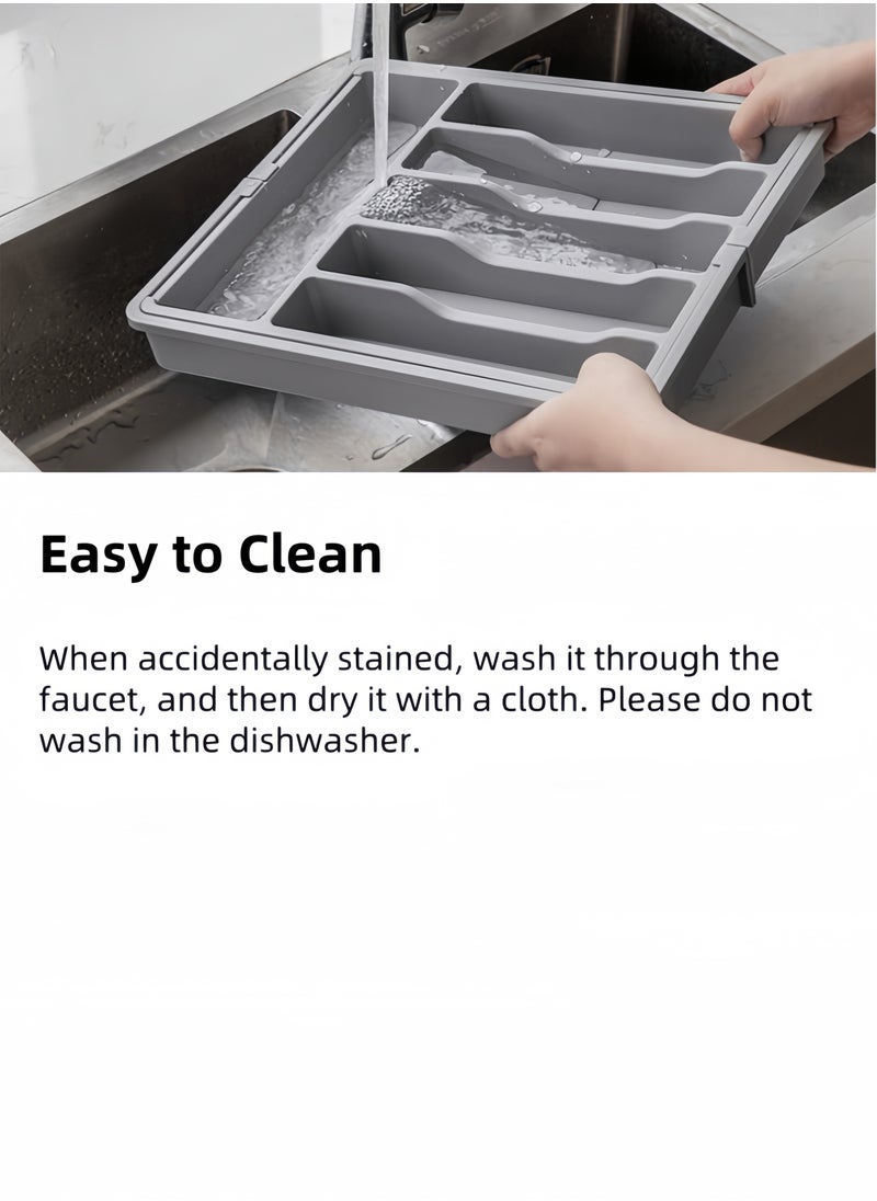 nihao - Silverware Drawer Organizer, Expandable Utensil Tray for Kitchen, BPA Free Flatware and Cutlery Holder, Adjustable Plastic Storage for Spoons Forks Knives, Large,Stretch Out The Cutlery The Stowed Box Can Be Retracted Into Shape, Grey,33-57*38*5 CM - Image 1