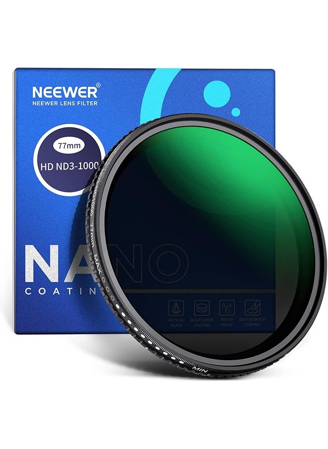 Neewer - Neewer 77mm Variable ND Filter ND3-ND1000, 1.5-10 Limited Stops Neutral Density Filter with HD Optical Glass & Double Sided 30 Layer Nano Coatings, Water Repellent/Scratch Resistant/Aluminum Frame - Image 1