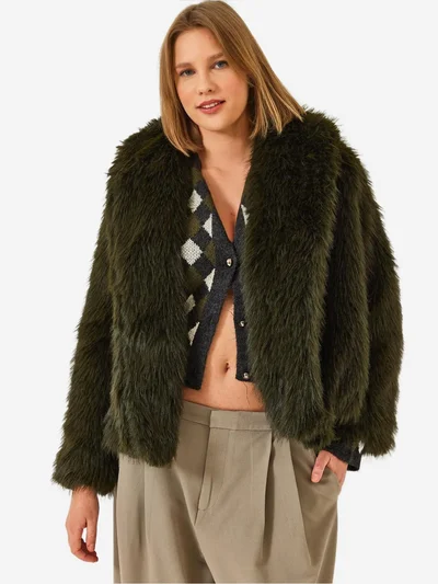 Bianco Lucci Faux Fur Cropped Open Collar Coat