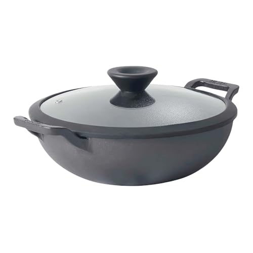 Meyer Pre Seasoned Cast Iron Kadai|Iron Kadhai with Lid for Cooking and Stir Frying | Heavy Base Iron Kadai Big Size | Gas Stove and Induction Friendly 26cm/ 3 Liters, Black - Image 1