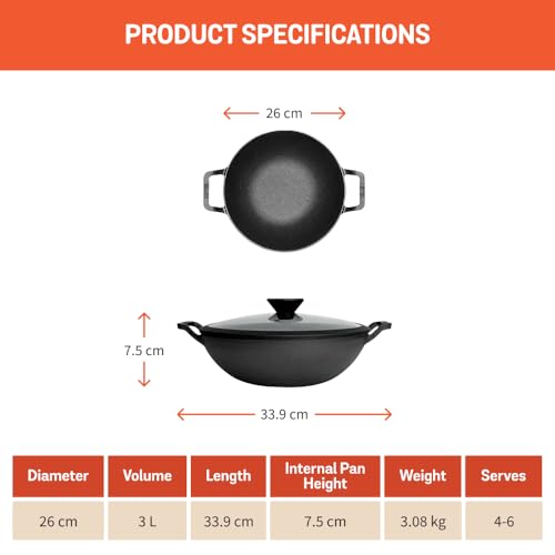 Meyer Pre Seasoned Cast Iron Kadai|Iron Kadhai with Lid for Cooking and Stir Frying | Heavy Base Iron Kadai Big Size | Gas Stove and Induction Friendly 26cm/ 3 Liters, Black - Image 2