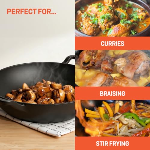 Meyer Pre Seasoned Cast Iron Kadai|Iron Kadhai with Lid for Cooking and Stir Frying | Heavy Base Iron Kadai Big Size | Gas Stove and Induction Friendly 26cm/ 3 Liters, Black - Image 4