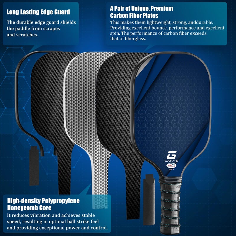 GARYE Pickleball Paddles Set of 4, Carbon Fiber Pickle Ball Paddle, USAPA Approved Lightweight Rackets 4 Pack for Adults and Teenagers, Includes 6 Balls, 1 Bag, and 4 Grip Tapes. - Image 3
