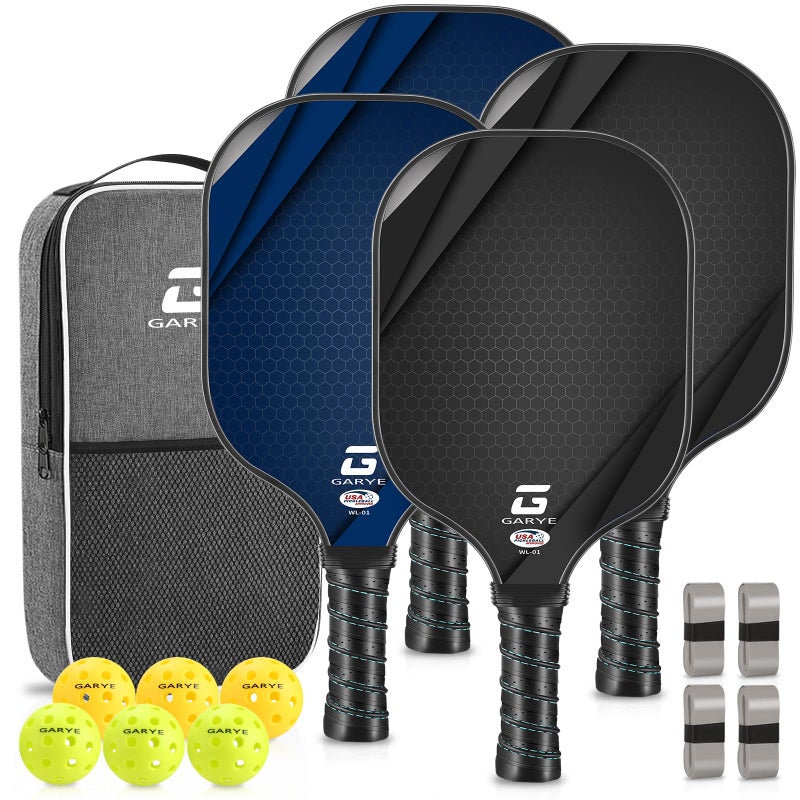 GARYE Pickleball Paddles Set of 4, Carbon Fiber Pickle Ball Paddle, USAPA Approved Lightweight Rackets 4 Pack for Adults and Teenagers, Includes 6 Balls, 1 Bag, and 4 Grip Tapes. - Image 1