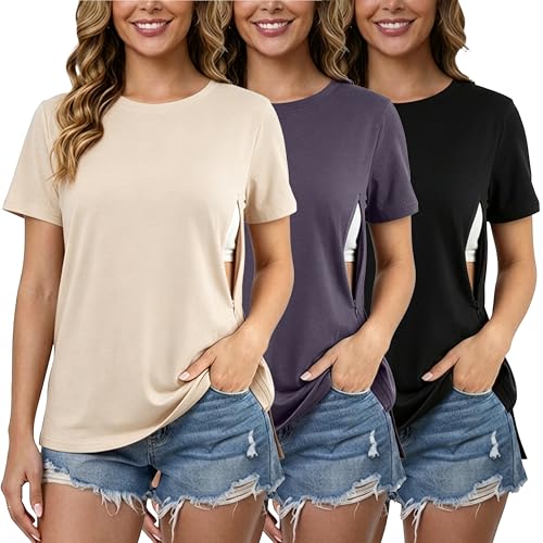 Liu & Qu Breastfeeding Shirts for Women 3 Pack Hidden Zipper Nursing Tops Side Split Postpartum Clothes - Image 1