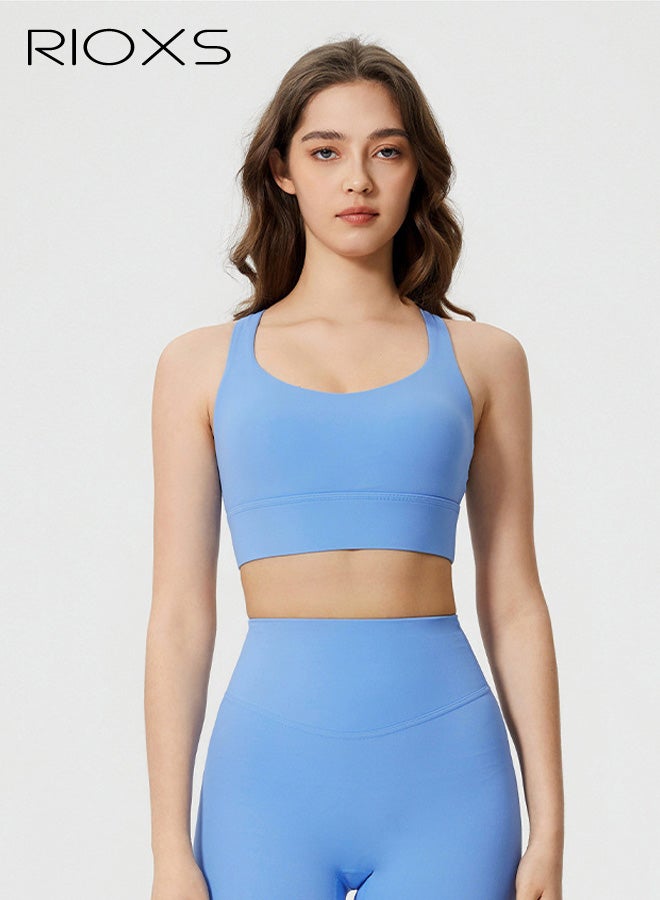 RIOXS Women's Sports Bra, Double-Strap High-Support Cross-Back Design, Yoga Fitness Sports Bra, Wide-Band Wire-Free Anti-Bounce Sports Top，Sinatra Blue - Image 1