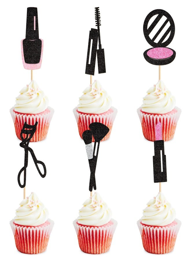 Ercadio 24Pcs Glitter Makeup Cupcake Toppers Mascara Lipstick Cupcake Picks Makeup Brushes Cosmetics Food Picks for Makeup Birthday Cupcake Decors Bridal Shower Bachelorette Party Supplies - Image 1