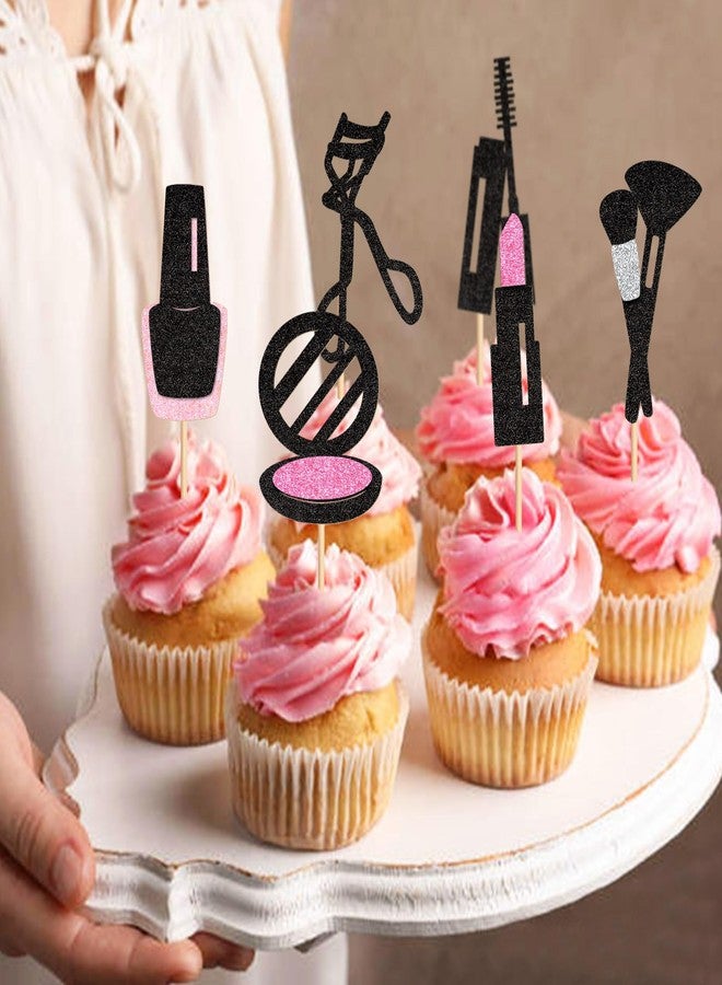 Ercadio 24Pcs Glitter Makeup Cupcake Toppers Mascara Lipstick Cupcake Picks Makeup Brushes Cosmetics Food Picks for Makeup Birthday Cupcake Decors Bridal Shower Bachelorette Party Supplies - Image 3
