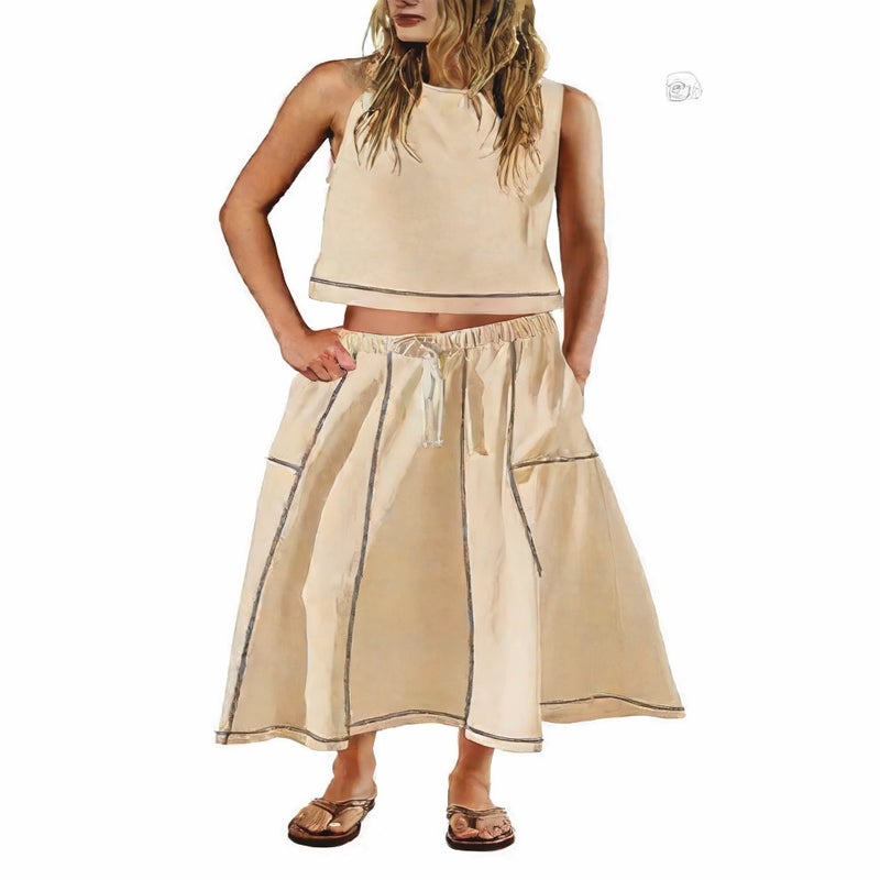 Summer Vacation Sleeveless Vest and Skirt Two-Piece Set with Pockets - Image 3