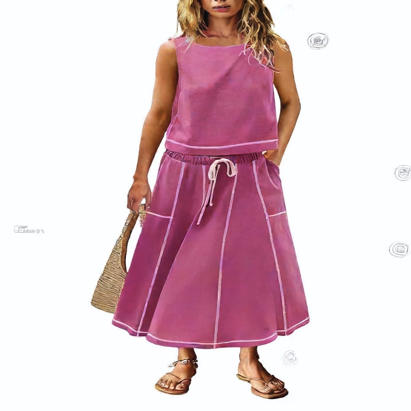 Summer Vacation Sleeveless Vest and Skirt Two-Piece Set with Pockets - Image 2