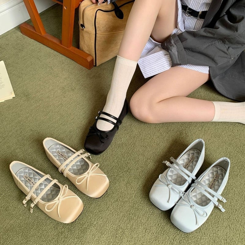 JIAIRUI French Satin Square Toe Bow Ballet Flat Shoes for Women - Image 1
