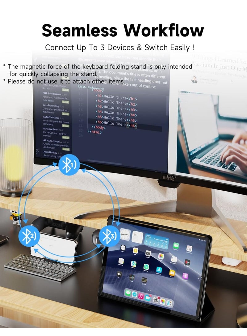 GULFLINK Mini Foldable Bluetooth Keyboard With Magnetic Stand, Aluminum Alloy Mini Quiet Folding Keyboard Android, Rechargeable Keyboard For Tablet, iPad, Phones Black - Image 2
