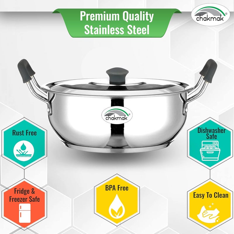Chakmak Stainless Steel Rambo Induction Base Kadhai with Lid Silicon Handle 24 Cm - Image 3