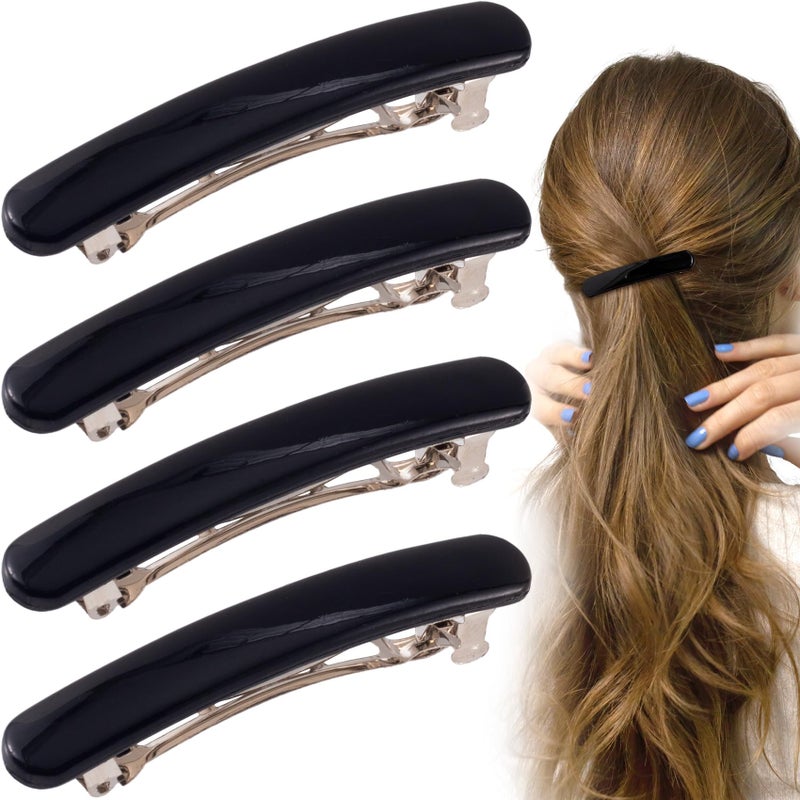 STSTR 4PCS French Barrette Hair Clips for Women, 2.48 Inch Small Tortoise Shell Hair Clip, Curved Glossy Thin Hair Flat Hair Accessories for Women - Black, Oval Style - Image 1