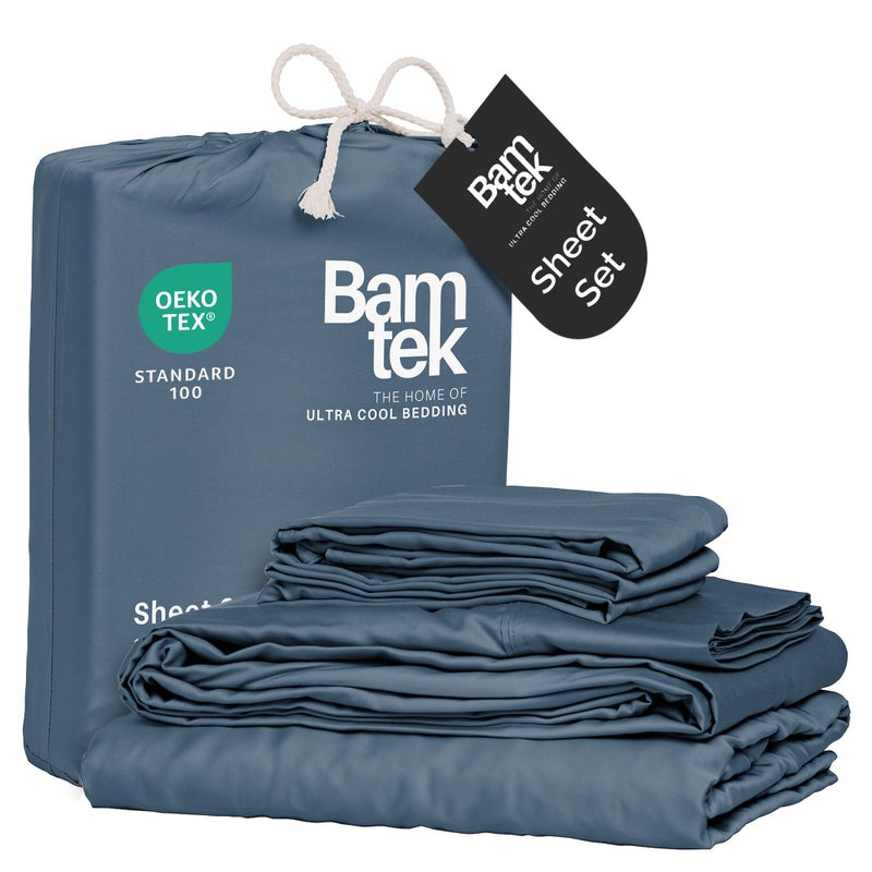 Bamtek 100 Viscose from Bamboo Sheets Full Size Super Soft Bedding Set 4 PC Cooling Sheets for Hot Sleepers Vegan Silk Moisture Wicking Organically Grown Bedsheet Storm 54 x 75