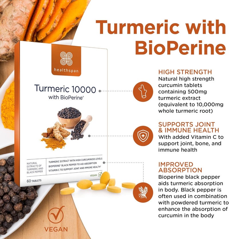 Healthspan Turmeric 10000mg with BioPerine Black Pepper Extract 2 Months Supply High Potency Turmeric Extract Supports Immune Bone Cartilage Health BioPerine aids Absorption Vegan - Image 2