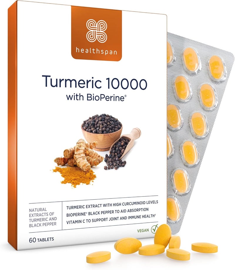 Healthspan Turmeric 10000mg with BioPerine Black Pepper Extract 2 Months Supply High Potency Turmeric Extract Supports Immune Bone Cartilage Health BioPerine aids Absorption Vegan - Image 1