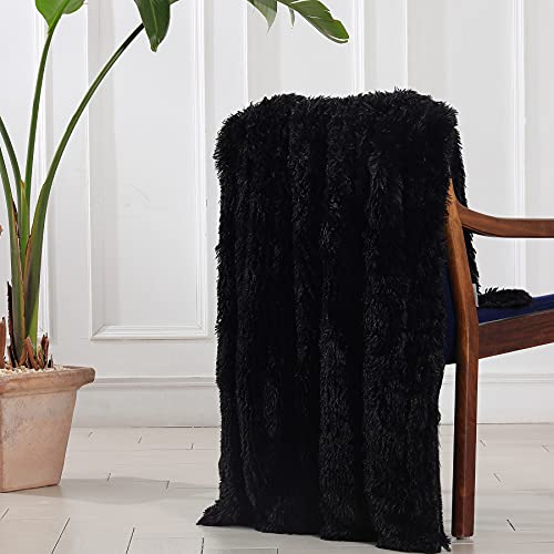 Tuddrom Decorative Extra Soft Faux Fur Throw Blanket 50" x 60",Reversible Fuzzy Long Hair Shaggy Throw Blankets, Fluffy Cozy Plush Fleece Comfy Microfiber Fur Blanket for Couch Sofa Bed, Black - Image 5