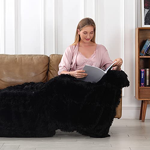 Tuddrom Decorative Extra Soft Faux Fur Throw Blanket 50" x 60",Reversible Fuzzy Long Hair Shaggy Throw Blankets, Fluffy Cozy Plush Fleece Comfy Microfiber Fur Blanket for Couch Sofa Bed, Black - Image 3